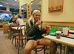 Naughty girls without panties upskirt spreading legs in public places and flashing their sweet pussies