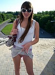 Naughty russian brunette chick loves to wear no panties on hot summer days and flashes her sweet cunt to strangers to pickup up for same day night sex