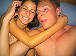 Cheerful and so happy amateur couple making love and having wild sex at home on bed, taking nude selfie pics of themselves and close up fucking action