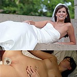 Homemade porn - gorgeous brunette bride posing dressed in wedding dress outdoors and totally nude at home. See her showing sweet pussy close up and teasing her just married husband with hot fuckable body
