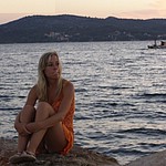 blonde girlfriend on vacation, teasing her boyfriend by beautiful puffy pussy